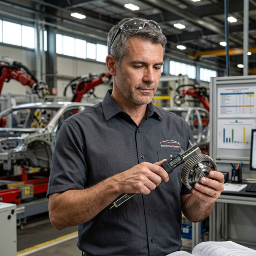 Inżynier / audytor jakości w hali produkcyjnej automotive mierzy element przekładni suwmiarką – audyt IATF 16949