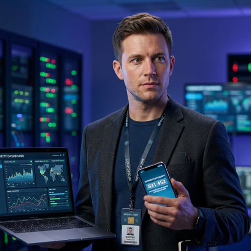 Audytor ISO 27001 w centrum monitoringu bezpieczeństwa IT – mężczyzna z laptopem pokazującym Security Dashboard i telefonem z kodem autoryzacji